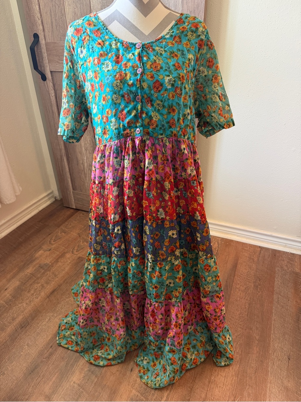 La Cera 100% Cotton Tiered Maxi Dress 1 XL Lined Boho Cottagecore Prairie Y2K